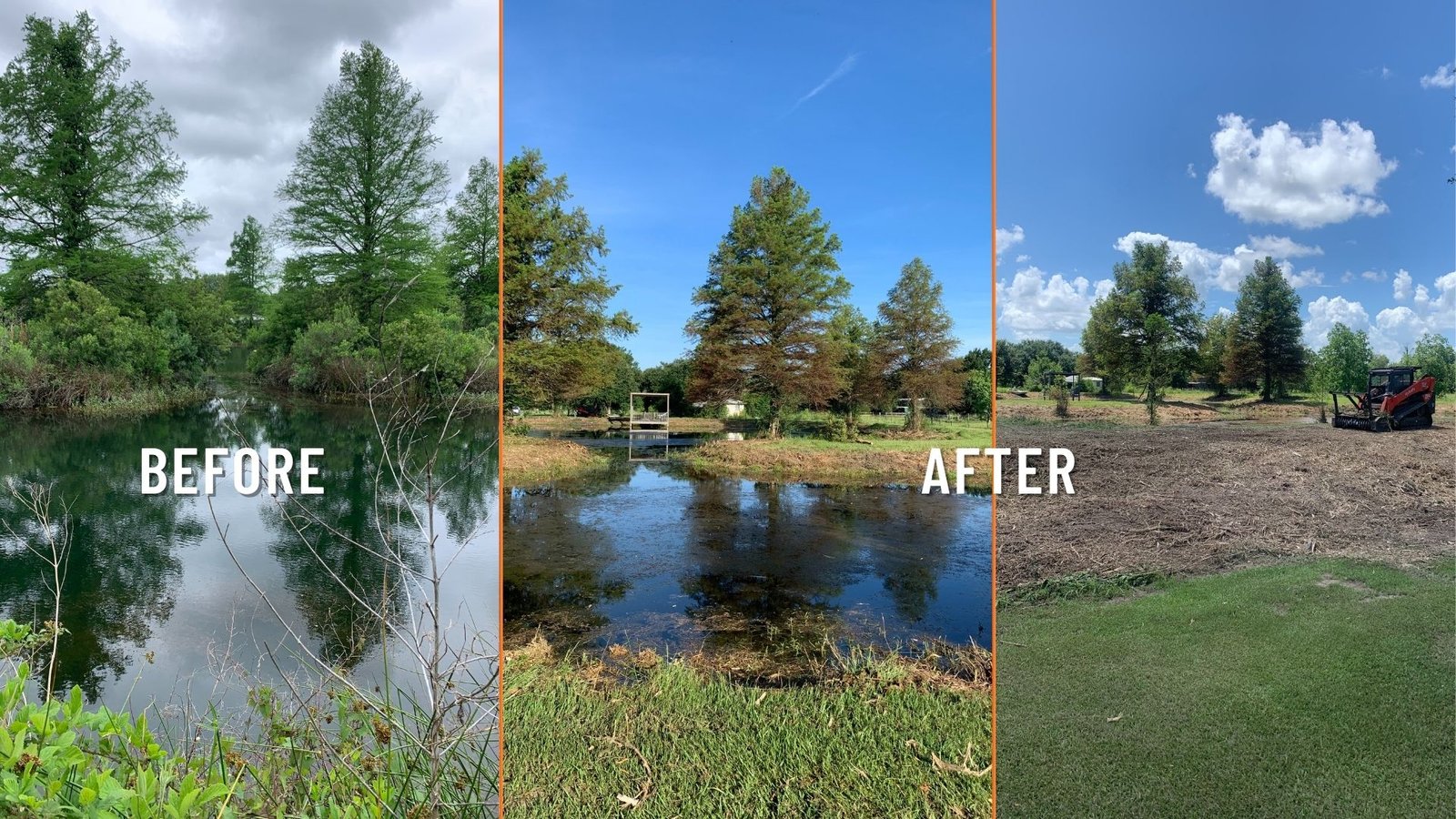 before and after picture of a pond and surrounding area that has been cleaned up 
